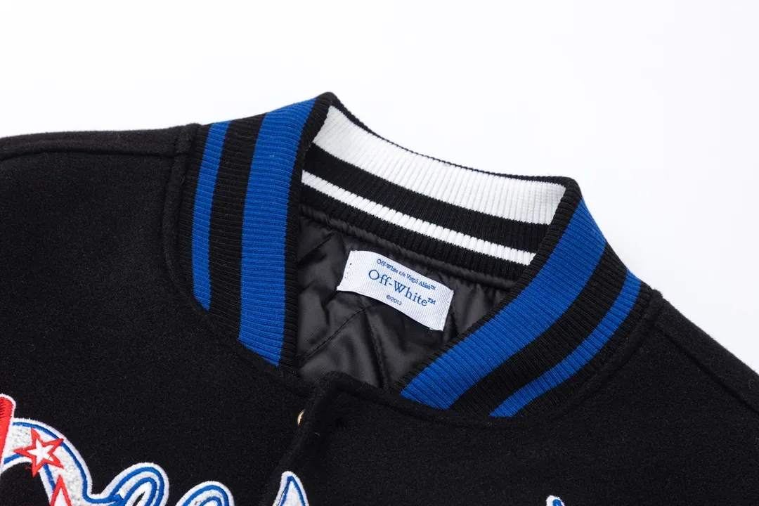 S67#P660, offwhite heavy-duty embroidered baseball cotton jacket. The body is made of woolen fabric. Couple's jacket. Black size: S M L XL